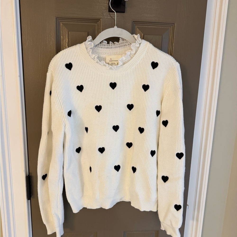 Anthropologie Valentine Ruffle Collar Heart Sweater - Picture 2 of 6